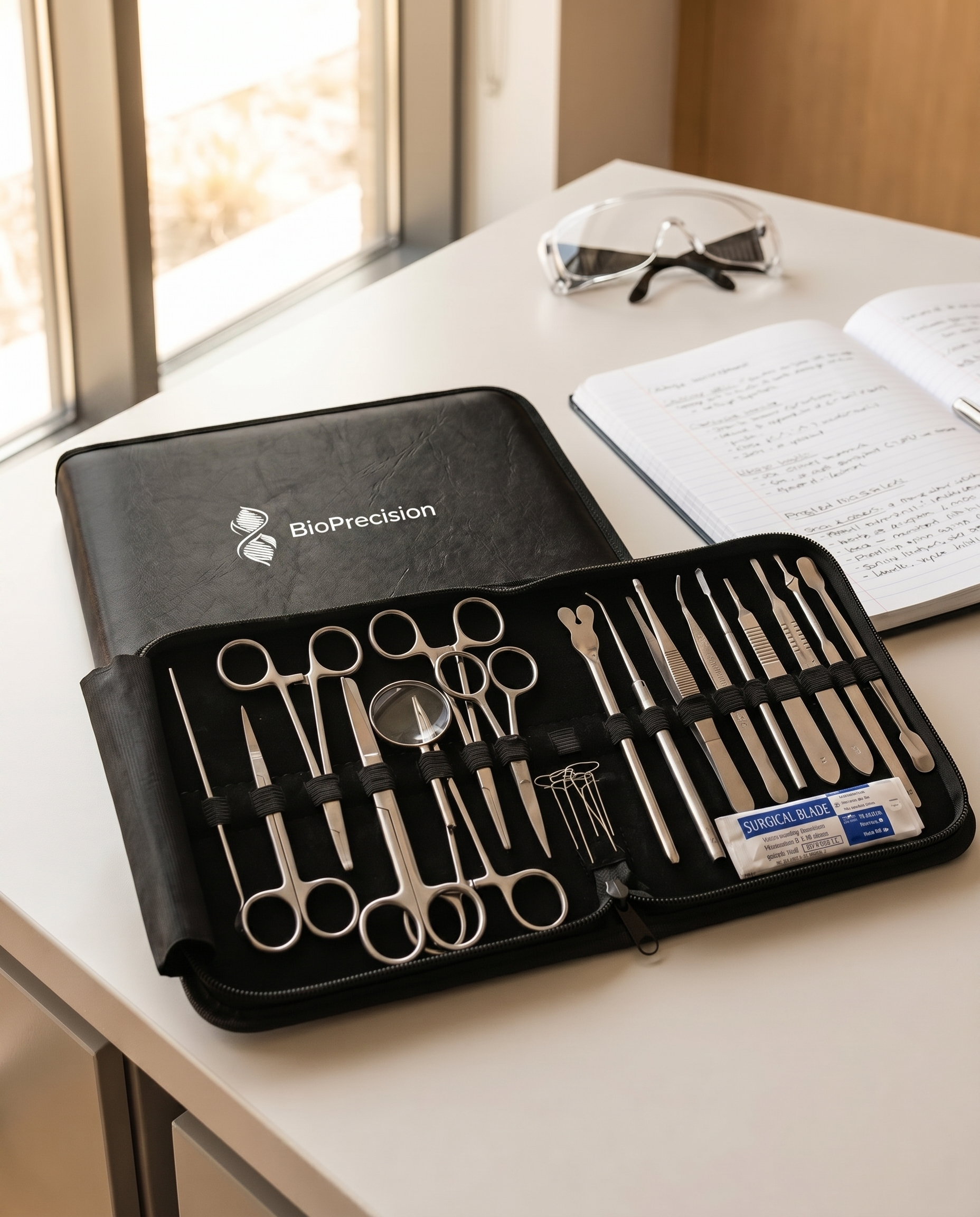 BioPrecision Advanced Dissection Kit open on a lab bench